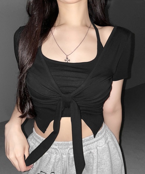 me+em select(ミームセレクト)の「【 2点セット 】フロントリボンレイヤードトップス + ホルターキャミ SET / front ribbon layered tops + halter camisole SET(アンサンブル・レディース・ブラック/グレー/ホワイト・FREE)」の3枚目の写真