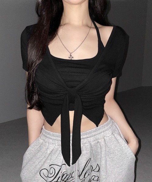 me+em select(ミームセレクト)の「【 2点セット 】フロントリボンレイヤードトップス + ホルターキャミ SET / front ribbon layered tops + halter camisole SET(アンサンブル・レディース・ブラック/グレー/ホワイト・FREE)」の21枚目の写真