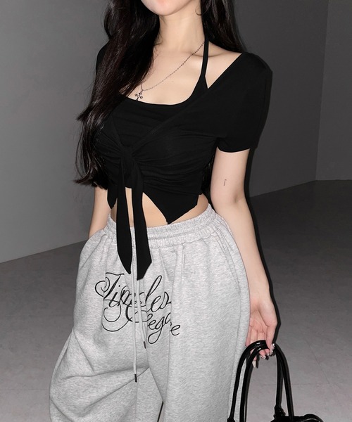 me+em select(ミームセレクト)の「【 2点セット 】フロントリボンレイヤードトップス + ホルターキャミ SET / front ribbon layered tops + halter camisole SET(アンサンブル・レディース・ブラック/グレー/ホワイト・FREE)」の12枚目の写真