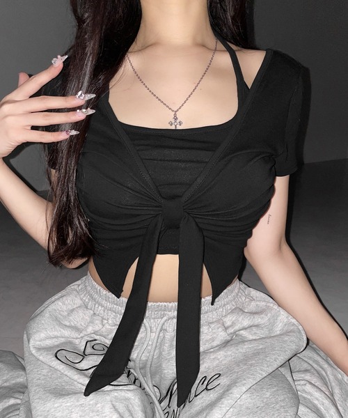 me+em select(ミームセレクト)の「【 2点セット 】フロントリボンレイヤードトップス + ホルターキャミ SET / front ribbon layered tops + halter camisole SET(アンサンブル・レディース・ブラック/グレー/ホワイト・FREE)」の13枚目の写真