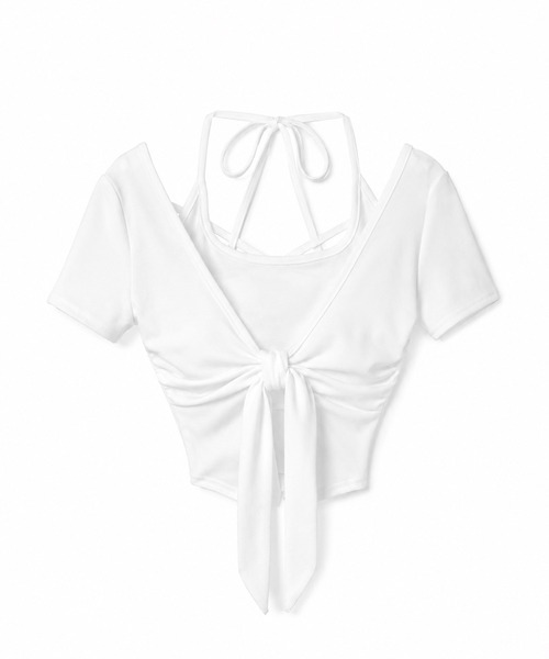 me+em select(ミームセレクト)の「【 2点セット 】フロントリボンレイヤードトップス + ホルターキャミ SET / front ribbon layered tops + halter camisole SET(アンサンブル・レディース・ブラック/グレー/ホワイト・FREE)」の14枚目の写真