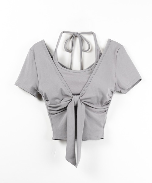 me+em select(ミームセレクト)の「【 2点セット 】フロントリボンレイヤードトップス + ホルターキャミ SET / front ribbon layered tops + halter camisole SET(アンサンブル・レディース・ブラック/グレー/ホワイト・FREE)」の15枚目の写真