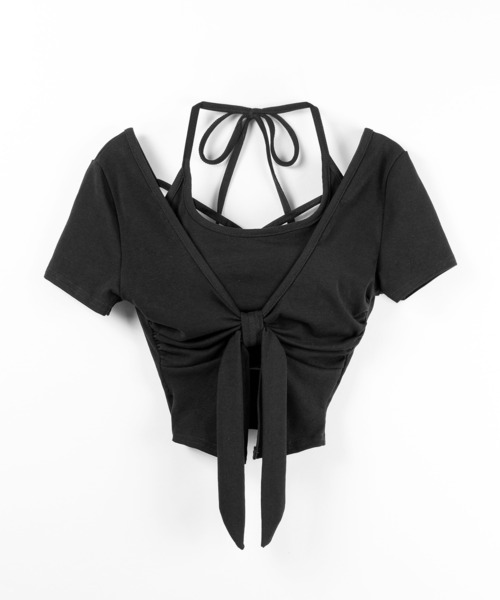 me+em select(ミームセレクト)の「【 2点セット 】フロントリボンレイヤードトップス + ホルターキャミ SET / front ribbon layered tops + halter camisole SET(アンサンブル・レディース・ブラック/グレー/ホワイト・FREE)」の16枚目の写真