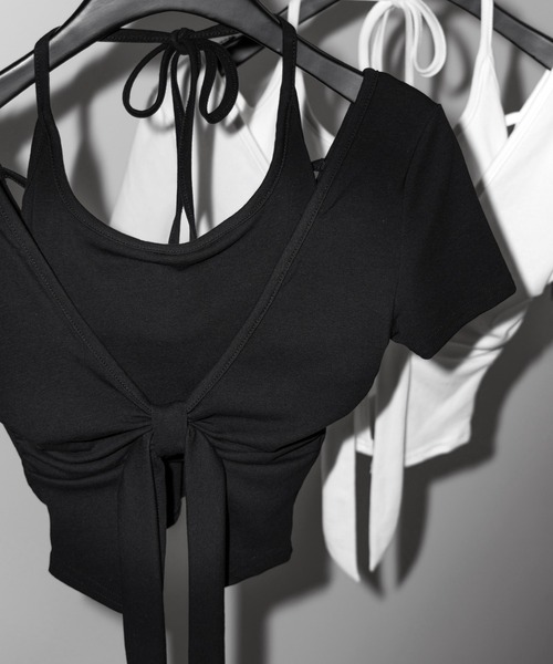 me+em select(ミームセレクト)の「【 2点セット 】フロントリボンレイヤードトップス + ホルターキャミ SET / front ribbon layered tops + halter camisole SET(アンサンブル・レディース・ブラック/グレー/ホワイト・FREE)」の11枚目の写真