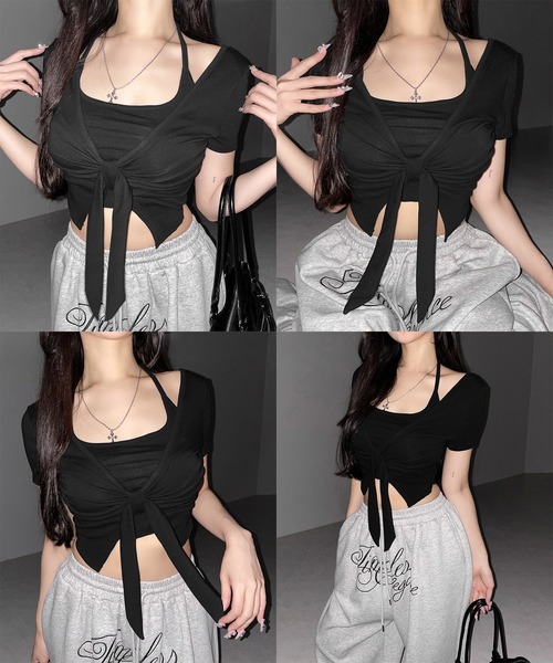 me+em select(ミームセレクト)の「【 2点セット 】フロントリボンレイヤードトップス + ホルターキャミ SET / front ribbon layered tops + halter camisole SET(アンサンブル・レディース・ブラック/グレー/ホワイト・FREE)」の6枚目の写真
