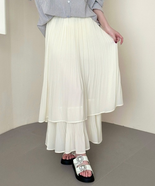 DAY CLOSET（デイ クローゼット）の「夏に涼しいシャリ感×ダブルレイヤード。ティアードシアープリーツスカート レディース（スカート・レディース・アイボリー/ブラック・FREE）」の4枚目の写真
