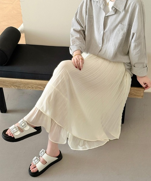 DAY CLOSET（デイ クローゼット）の「夏に涼しいシャリ感×ダブルレイヤード。ティアードシアープリーツスカート レディース（スカート・レディース・アイボリー/ブラック・FREE）」の5枚目の写真