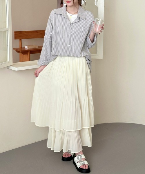 DAY CLOSET（デイ クローゼット）の「夏に涼しいシャリ感×ダブルレイヤード。ティアードシアープリーツスカート レディース（スカート・レディース・アイボリー/ブラック・FREE）」の6枚目の写真