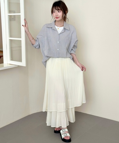 DAY CLOSET（デイ クローゼット）の「夏に涼しいシャリ感×ダブルレイヤード。ティアードシアープリーツスカート レディース（スカート・レディース・アイボリー/ブラック・FREE）」の7枚目の写真