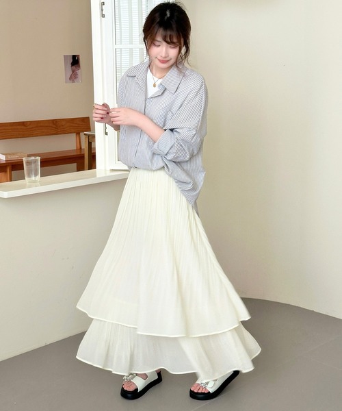 DAY CLOSET（デイ クローゼット）の「夏に涼しいシャリ感×ダブルレイヤード。ティアードシアープリーツスカート レディース（スカート・レディース・アイボリー/ブラック・FREE）」の8枚目の写真