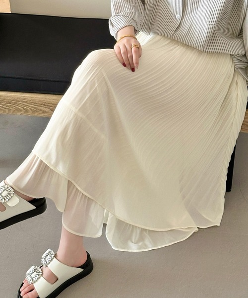 DAY CLOSET（デイ クローゼット）の「夏に涼しいシャリ感×ダブルレイヤード。ティアードシアープリーツスカート レディース（スカート・レディース・アイボリー/ブラック・FREE）」の16枚目の写真