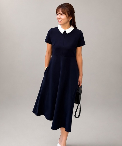 ST.ROONEY(セントルーニー)の「半袖クレリックフレアワンピース【低身長・小柄女性向け】(ワンピース・レディース・ブラック/ネイビー・XS)」の2枚目の写真