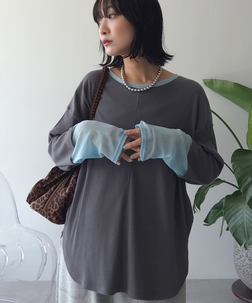Green Parks(グリーンパークス)の「袖チュールリブプルオーバーⅡ【WEB限定カラーあり】(Tシャツ/カットソー・レディース・アイボリー/その他7/ボルドー/サックスブルー/チャコールグレー/ブラック・FREE)」の4枚目の写真