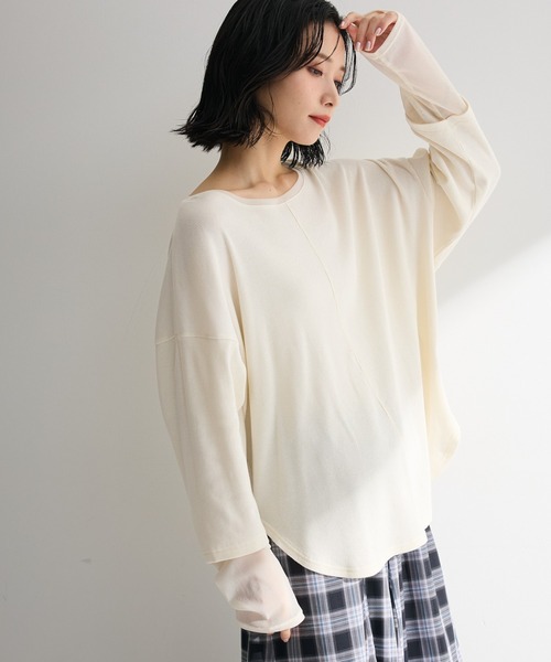 Green Parks(グリーンパークス)の「袖チュールリブプルオーバーⅡ【WEB限定カラーあり】(Tシャツ/カットソー・レディース・アイボリー/その他7/ボルドー/サックスブルー/チャコールグレー/ブラック・FREE)」の1枚目の写真