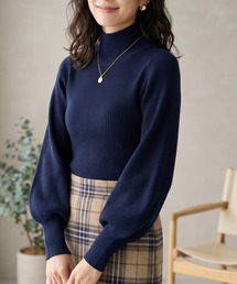 リブニット ハイネックプルオーバー 袖ぽわん/ウォッシャブル ブルガリアンウール混