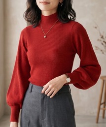 リブニット ハイネックプルオーバー 袖ぽわん/ウォッシャブル ブルガリアンウール混