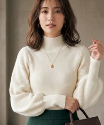 リブニット ハイネックプルオーバー 袖ぽわん/ウォッシャブル ブルガリアンウール混