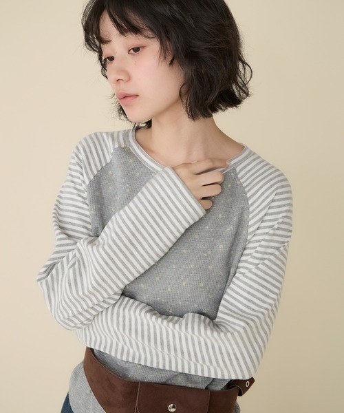 Unblend（アンブレンド）の「【Unblend】アソート柄 ラグラン パターン切替ロングスリーブTシャツ（Tシャツ/カットソー・レディース・杢グレー/ブラック/チャコール/ピンク・FREE）」の2枚目の写真