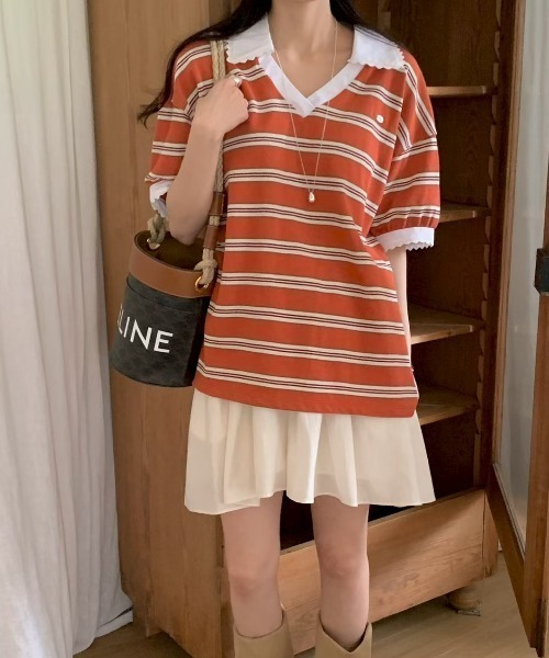 FAVORITO(ファヴォリート)の「VネックボーダーTEE(Tシャツ/カットソー・レディース・ピンク/ブルー/オレンジ・F)」の3枚目の写真