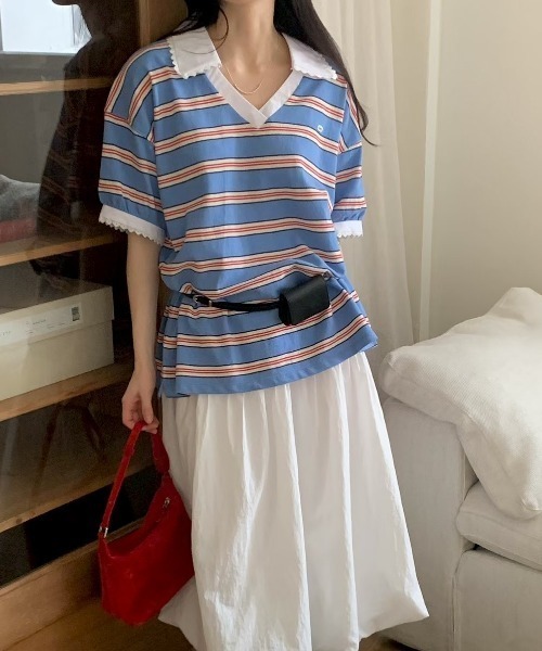 FAVORITO(ファヴォリート)の「VネックボーダーTEE(Tシャツ/カットソー・レディース・ピンク/ブルー/オレンジ・F)」の1枚目の写真