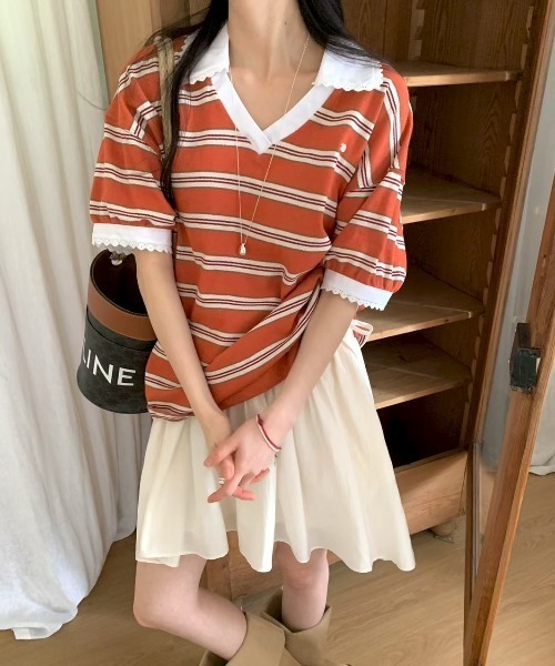 FAVORITO(ファヴォリート)の「VネックボーダーTEE(Tシャツ/カットソー・レディース・ピンク/ブルー/オレンジ・F)」の12枚目の写真