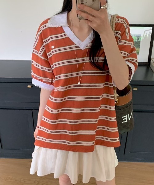 FAVORITO(ファヴォリート)の「VネックボーダーTEE(Tシャツ/カットソー・レディース・ピンク/ブルー/オレンジ・F)」の10枚目の写真