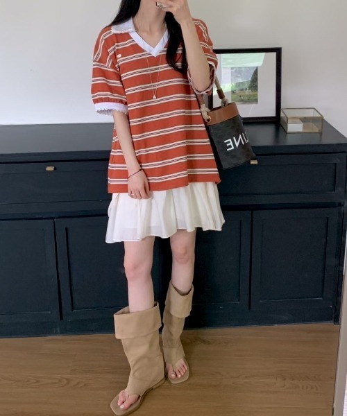 FAVORITO(ファヴォリート)の「VネックボーダーTEE(Tシャツ/カットソー・レディース・ピンク/ブルー/オレンジ・F)」の15枚目の写真