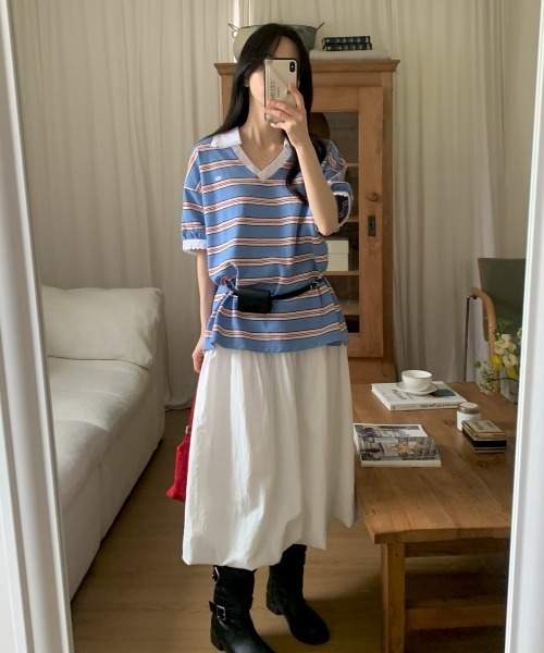 FAVORITO(ファヴォリート)の「VネックボーダーTEE(Tシャツ/カットソー・レディース・ピンク/ブルー/オレンジ・F)」の7枚目の写真