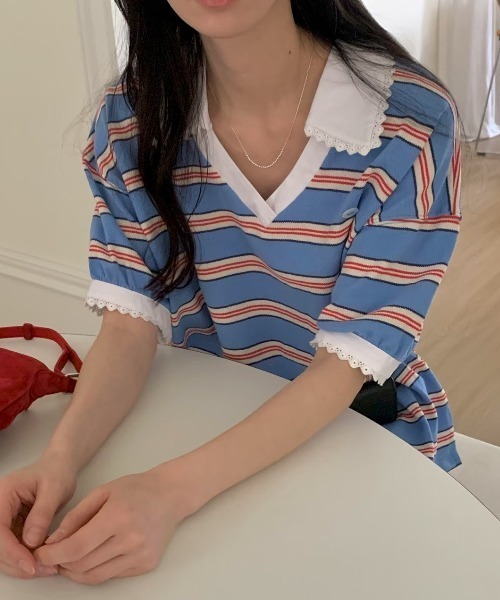 FAVORITO(ファヴォリート)の「VネックボーダーTEE(Tシャツ/カットソー・レディース・ピンク/ブルー/オレンジ・F)」の4枚目の写真
