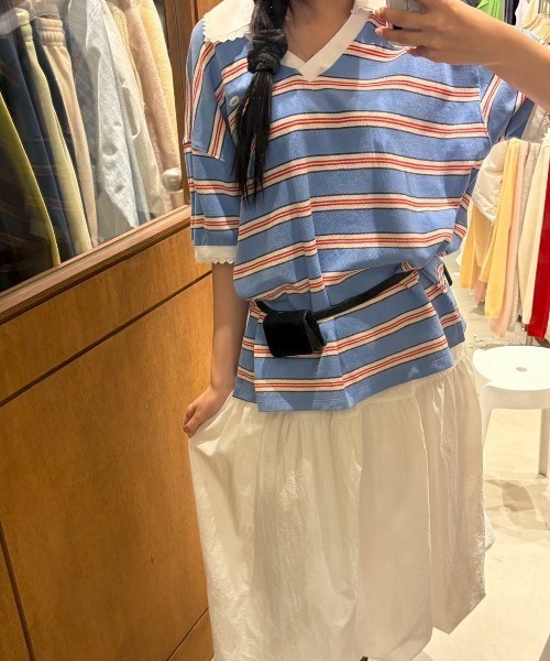FAVORITO(ファヴォリート)の「VネックボーダーTEE(Tシャツ/カットソー・レディース・ピンク/ブルー/オレンジ・F)」の5枚目の写真
