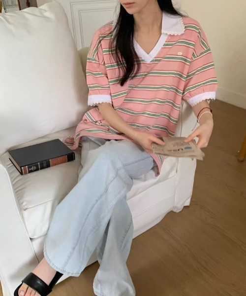FAVORITO(ファヴォリート)の「VネックボーダーTEE(Tシャツ/カットソー・レディース・ピンク/ブルー/オレンジ・F)」の9枚目の写真