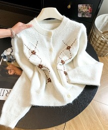 アーガイル柄 刺繍 クルーネック ニットカーディガン