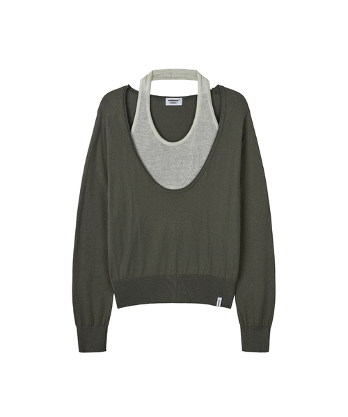 MELLOTORY(メロートリー)の「ホルターネックレイヤードニットトップス (2色)(ニット/セーター・レディース・カーキ/ダークグレー・FREE)」の2枚目の写真