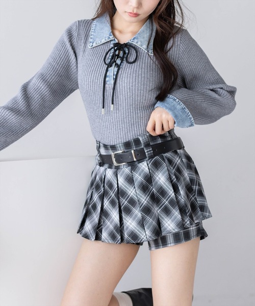 clear（クリア）の「ベルト付きチェックプリーツミニスカートパンツ［骨格ウェーブ／韓国カジュアル／Y2K］（スカート・レディース・ブラウン/ブラック・S/M）」の12枚目の写真