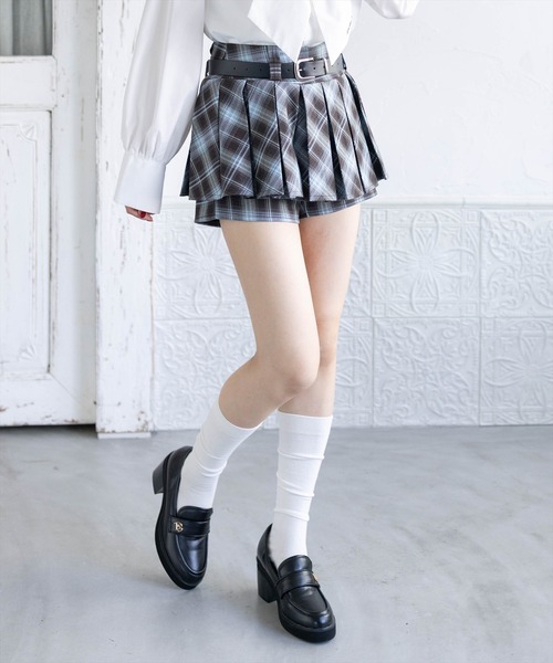 clear（クリア）の「ベルト付きチェックプリーツミニスカートパンツ［骨格ウェーブ／韓国カジュアル／Y2K］（スカート・レディース・ブラウン/ブラック・S/M）」の17枚目の写真