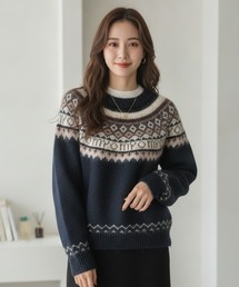 【北欧・冬の定番】ノルディック柄クルーネックニットセーター/3色展開|グレー ネイビー レッド ヨーク切り替え 秋冬コーデ 大人カジュアル 着回し
