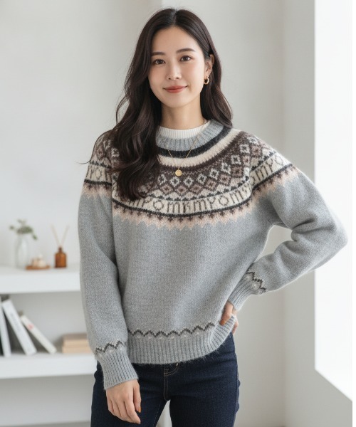 BY THE BAY(バイザベイ)の「【北欧・冬の定番】ノルディック柄クルーネックニットセーター/3色展開|グレー ネイビー レッド ヨーク切り替え 秋冬コーデ 大人カジュアル 着回し(ニット/セーター・レディース・グレー/レッド/ネイビー・FREE)」の1枚目の写真