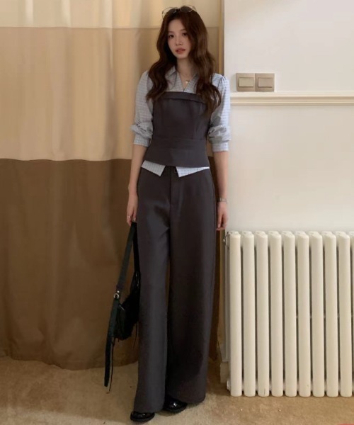 Aelina(エリナ)の「チェック柄切り替えフェイクレイヤードシャツ&パンツセットアップ(セットアップ・レディース・チャコールグレー・S/M/L)」の6枚目の写真
