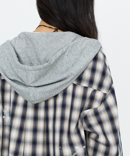 MONGDOL(モンドル)の「オーバーサイズチェックグラフィックフードシャツ グレー MDSH028GRAY(シャツ/ブラウス・レディース・その他・F)」の5枚目の写真