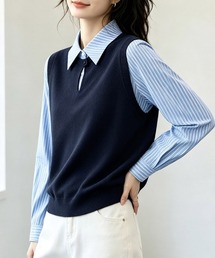 ストライプシャツドッキングニットベストトップス