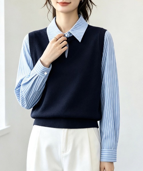 ONEP STAR（ワンピスター）の「ストライプシャツドッキングニットベストトップス（シャツ/ブラウス・レディース・ネイビー・X-LARGE/LARGE/MEDIUM/SMALL）」の2枚目の写真
