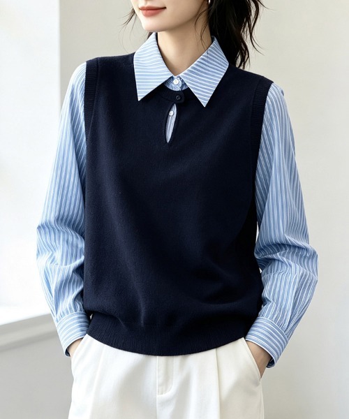 ONEP STAR（ワンピスター）の「ストライプシャツドッキングニットベストトップス（シャツ/ブラウス・レディース・ネイビー・X-LARGE/LARGE/MEDIUM/SMALL）」の3枚目の写真