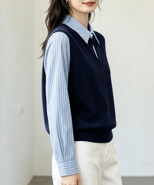 ONEP STAR（ワンピスター）の「ストライプシャツドッキングニットベストトップス（シャツ/ブラウス・レディース・ネイビー・X-LARGE/LARGE/MEDIUM/SMALL）」の4枚目の写真