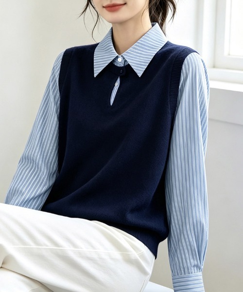 ONEP STAR（ワンピスター）の「ストライプシャツドッキングニットベストトップス（シャツ/ブラウス・レディース・ネイビー・X-LARGE/LARGE/MEDIUM/SMALL）」の5枚目の写真