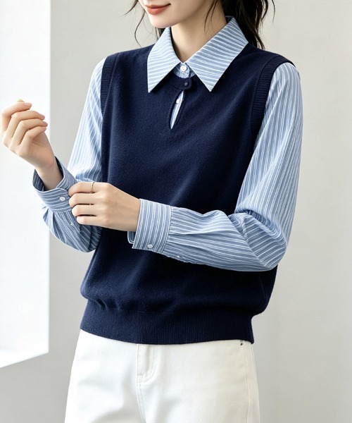 ONEP STAR（ワンピスター）の「ストライプシャツドッキングニットベストトップス（シャツ/ブラウス・レディース・ネイビー・X-LARGE/LARGE/MEDIUM/SMALL）」の6枚目の写真