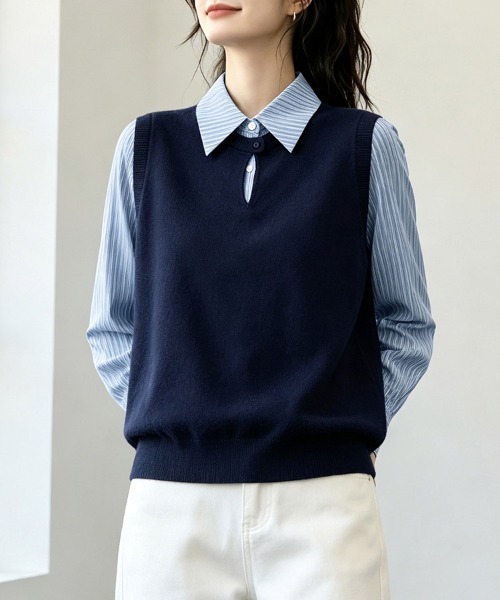 ONEP STAR（ワンピスター）の「ストライプシャツドッキングニットベストトップス（シャツ/ブラウス・レディース・ネイビー・X-LARGE/LARGE/MEDIUM/SMALL）」の7枚目の写真