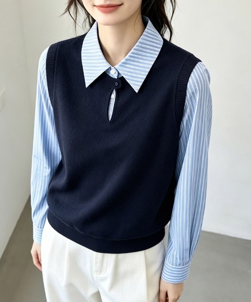 ONEP STAR（ワンピスター）の「ストライプシャツドッキングニットベストトップス（シャツ/ブラウス・レディース・ネイビー・X-LARGE/LARGE/MEDIUM/SMALL）」の8枚目の写真