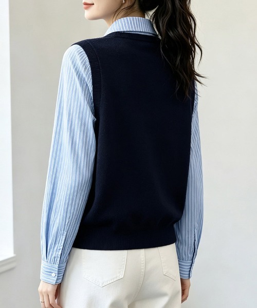 ONEP STAR（ワンピスター）の「ストライプシャツドッキングニットベストトップス（シャツ/ブラウス・レディース・ネイビー・X-LARGE/LARGE/MEDIUM/SMALL）」の9枚目の写真