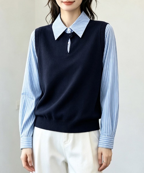 ONEP STAR（ワンピスター）の「ストライプシャツドッキングニットベストトップス（シャツ/ブラウス・レディース・ネイビー・X-LARGE/LARGE/MEDIUM/SMALL）」の10枚目の写真