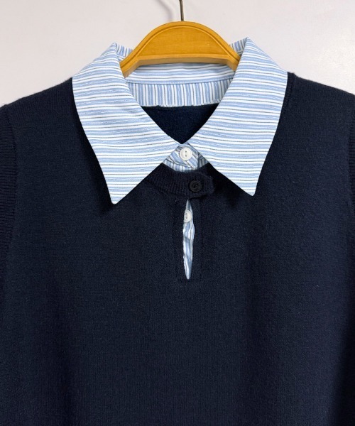 ONEP STAR（ワンピスター）の「ストライプシャツドッキングニットベストトップス（シャツ/ブラウス・レディース・ネイビー・X-LARGE/LARGE/MEDIUM/SMALL）」の11枚目の写真